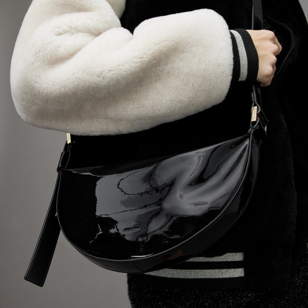 All Saints Half Moon Leather Crossbody Bag- Black Patent Leather